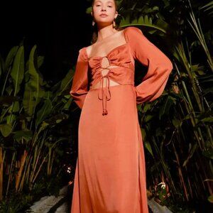 NWT Farm Rio Cut Out Caramel Brown Satin Midi Dress M $240